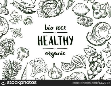 Vector horizontal doodle handdrawn fruits and vegetables vegan, healthy food banner and poster with background vegetables illustration. Vector horizontal doodle handdrawn fruits and vegetables vegan, healthy food background