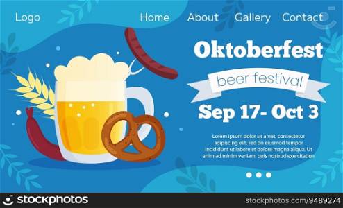 Vector horizontal landing page template banner invitation for Oktoberfest. Autumn beer festival illustration. Beer mugs on blue background and traditional colors flags. Greeting card for social media.