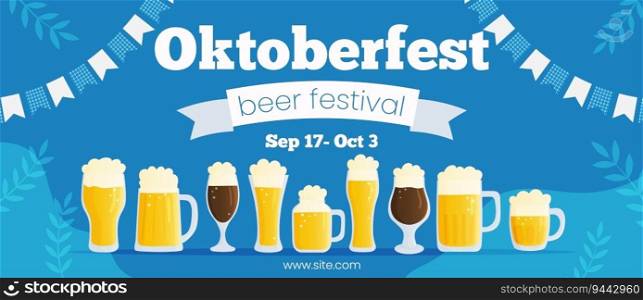 Vector horizontal template banner invitation for Oktoberfest. Autumn beer festival illustration. Beer mugs on blue background with traditional colors flags. Greeting card for social media.