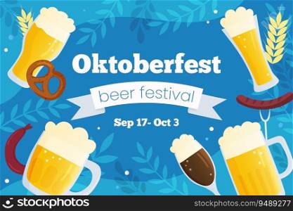 Vector horizontal template banner invitation for Oktoberfest. Autumn beer festival illustration. Beer mugs on blue background with traditional colors flags. Greeting card for social media.