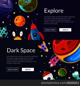 Vector horizontal web banners poster illustration with cartoon space planets and ships. Vector web banners illustration with cartoon space planets and ships