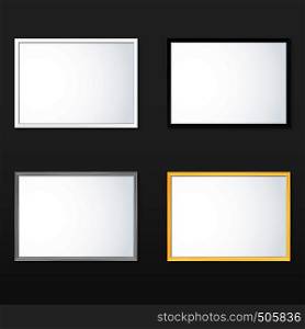 vector horizontal white black wood border empty photo frame mock up realistic shadow blank picture template isolated dark background. various frame mockup template set