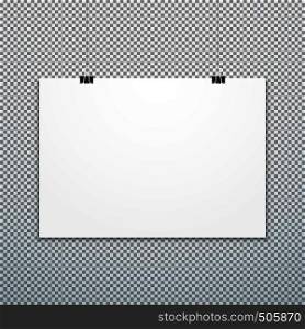 vector horizontal white empty poster suspended on office clamps mock up realistic shadow blank template isolated neutral background. horizontal poster clips suspended mockup