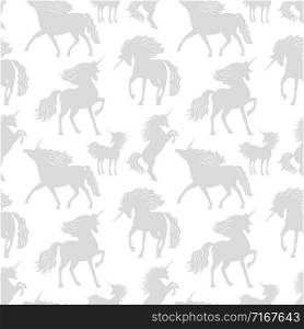 Vector horses unicors gray silhouettes seamless pattern. Horse and unicorn, animal magic, mythology silhouette illustration. Vector horses unicors gray silhouettes seamless pattern