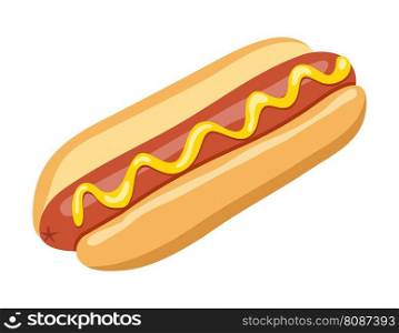vector hot dog isolated isolated on white background. american fastfood symbol of bread with sausage and mustard. fast food hotdog cartoon, cut bread bun and whole sausage