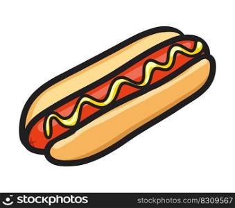 vector hot dog isolated isolated on white background. american fastfood symbol of bread with sausage and mustard. fast food hotdog cartoon, cut bread bun and whole sausage