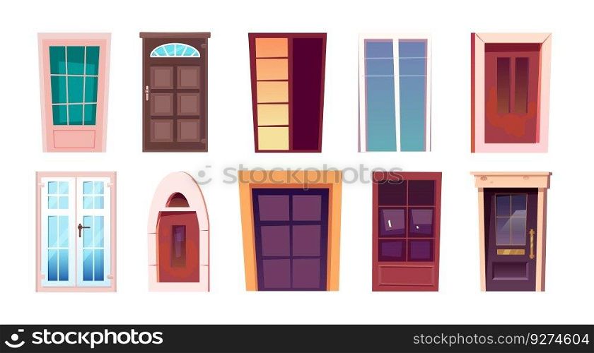 Vector house front door cartoon isolated illustration set. Home different entrance with window exterior icon element on white background. Contemporary external detailed closed wooden asset kit. Vector house front door cartoon illustration set