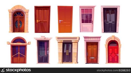 Vector house front door cartoon isolated illustration set. Home different entrance with window exterior icon element on white background. Contemporary external detailed closed wooden asset kit. Vector house front door cartoon illustration set