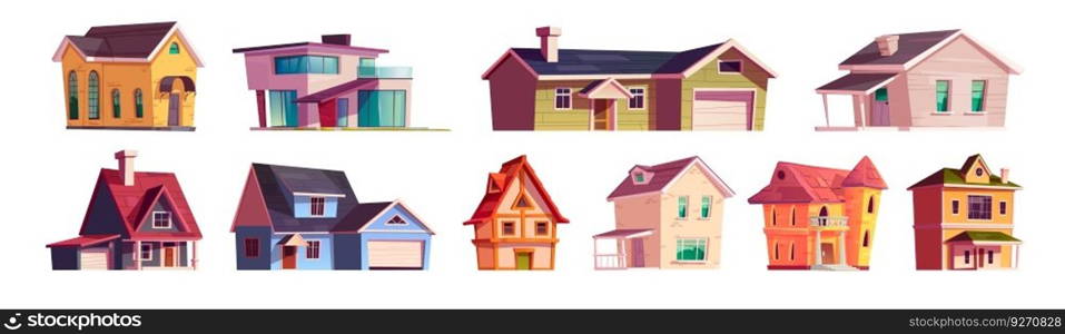 Vector house town building icon illustration set. Village cottage cartoon facade construction with window, terrace and garage. Variety little brick villa architecture isolated on white background. Vector house town building icon illustration set