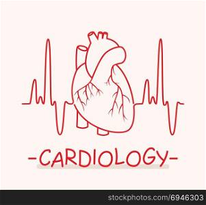 vector human heart and heartbeat thin line as medical symbol of cardiology. ekg heart pulse chart