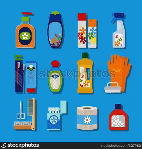 Vector hygiene and cleaning products flat icons. Cleaner and toilet paper, toothpaste and deodorant. Hygiene and cleaning products flat icons