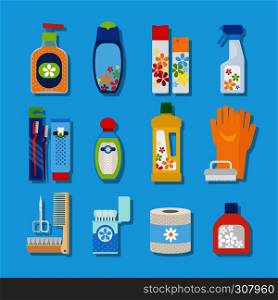 Vector hygiene and cleaning products flat icons. Cleaner and toilet paper, toothpaste and deodorant. Hygiene and cleaning products flat icons