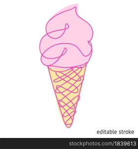 Vector Ice Cream Made in Continuous Line Art Style. Doodle Element. Linear Waffle Cone with Editable Stroke.. Ice Cream Made in Continuous Line Art Style. Doodle Element. Linear Waffle Cone with Editable Stroke. Vector Illustration.