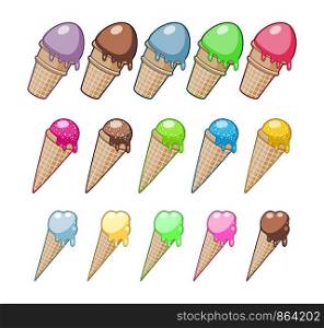 vector ice cream set. colorful cartoon icecreams with wafer cones and cups. collection of melting ice-cream in crispy wafer cones and cups isolated on white background