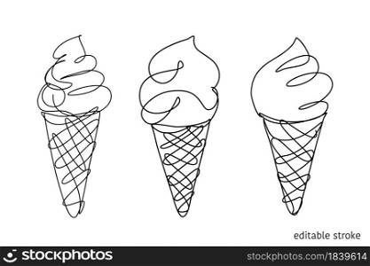 Vector Ice Cream Set Made in Continuous Line Art Style. Doodle Element. Linear Waffle Cone with Editable Stroke.. Ice Cream Set Made in Continuous Line Art Style. Doodle Element. Linear Waffle Cone with Editable Stroke. Vector Illustration.