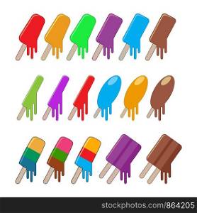 vector icecream popsicles isolated on white background. colorful cartoon fruit and chocolate icecreams with sticks