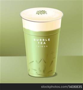 Vector Iced Taiwanese Bubble Tea, Green Tea, Matcha with Cream, Cheese or Milk Cap