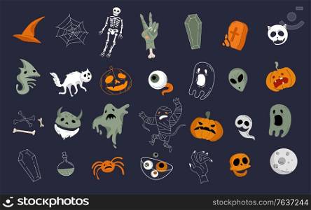 Vector icon and element collection for Helloween greeting card and poster, party sign. Concept illustration with Sign and symbol. Flat design cartoon element.. Vector icon and element collection for Helloween greeting card and poster, party sign. Concept illustration with Sign and symbol. Flat design cartoon