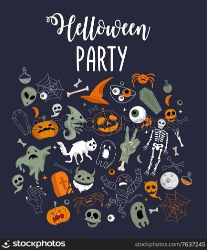 Vector icon and element collection for Helloween greeting card and poster, party sign. Concept illustration with Sign and symbol. Flat design cartoon element.. Vector icon and element collection for Helloween greeting card and poster, party sign. Concept illustration with Sign and symbol. Flat design cartoon