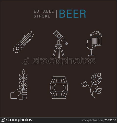 Vector icon and logo beer and brewery. Editable outline stroke size. Line flat contour, thin and linear design. Simple icons. Concept illustration. Sign, symbol, element.. Vector icon and logo beer and brewery