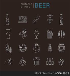 Vector icon and logo beer and brewery. Editable outline stroke size. Line flat contour, thin and linear design. Simple icons. Concept illustration. Sign, symbol, element.. Vector icon and logo beer and brewery