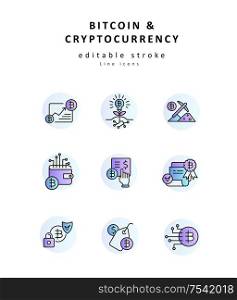 Vector icon and logo bitcoin and cryptocurrency. Editable outline stroke size. Line flat contour, thin and linear design. Simple icons. Concept illustration. Sign, symbol, element.. Vector icon and logo bitcoin and cryptocurrency. Editable outline stroke