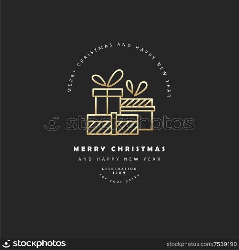 Vector icon and logo celebration Merry Christmas and Happy New Year . Editable outline stroke size. Line flat contour, thin and linear design. Simple icons. Concept illustration. Sign, symbol, element.. Vector icon and logo celebration merry Christmas and Happy New Year