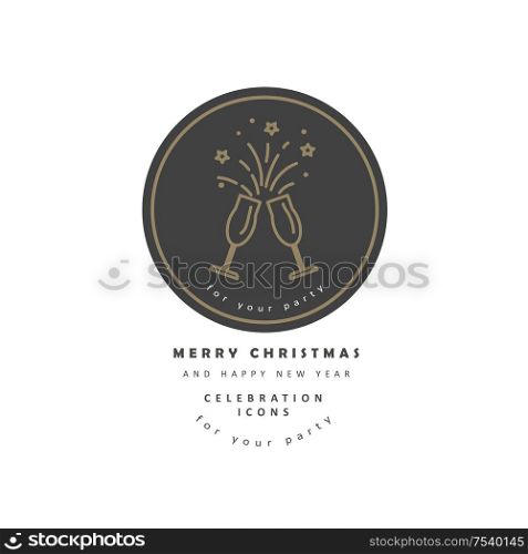 Vector icon and logo celebration Merry Christmas and Happy New Year . Editable outline stroke size. Line flat contour, thin and linear design. Simple icons. Concept illustration. Sign, symbol, element.. Vector icon and logo celebration merry Christmas and Happy New Year