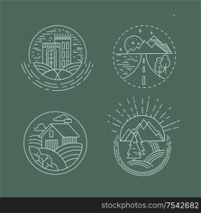 Vector icon and logo for a restaurant or farm, building and camping, cafe or cooking vegan. Editable outline stroke size. Line flat contour, thin and linear design. Simple icons. Concept illustration. Sign, symbol, element.. Vector icon and logo for a restaurant or farm, building and camping, cafe or cooking vegan. Editable outline stroke size. Line flat contour, thin and linear