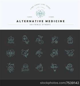 Vector icon and logo for alternative medicine. Editable outline stroke size. Line flat contour, thin and linear design. Simple icons. Concept illustration. Sign, symbol, element.. Vector icon and logo for alternative medicine. Editable outline stroke