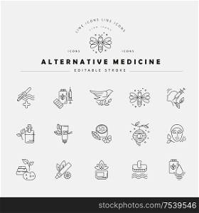 Vector icon and logo for alternative medicine. Editable outline stroke size. Line flat contour, thin and linear design. Simple icons. Concept illustration. Sign, symbol, element.. Vector icon and logo for alternative medicine. Editable outline stroke