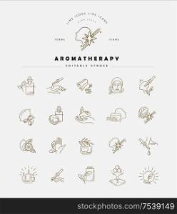 Vector icon and logo for aromatherapy. Editable outline stroke size. Line flat contour, thin and linear design. Simple icons. Concept illustration. Sign, symbol, element.. Vector icon and logo for aromatherapy. Editable outline stroke