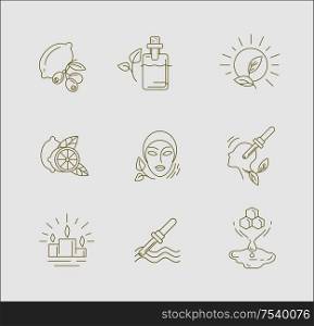 Vector icon and logo for aromatherapy. Editable outline stroke size. Line flat contour, thin and linear design. Simple icons. Concept illustration. Sign, symbol, element.. Vector icon and logo for aromatherapy. Editable outline stroke