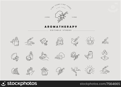 Vector icon and logo for aromatherapy. Editable outline stroke size. Line flat contour, thin and linear design. Simple icons. Concept illustration. Sign, symbol, element.. Vector icon and logo for aromatherapy. Editable outline stroke size. Line flat contour, thin and linear design. Simple icons. Concept illustration