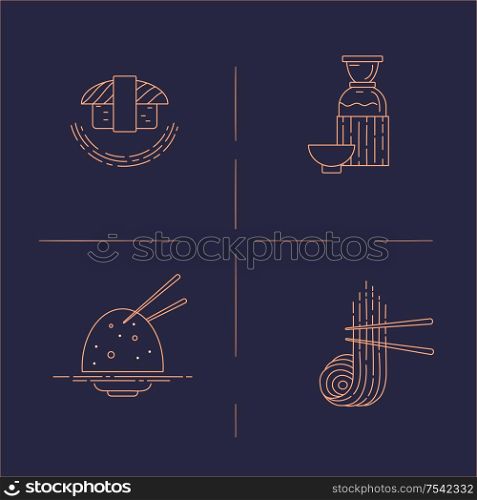 Vector icon and logo for asian, japan food and seafood. Editable outline stroke size. Line flat contour, thin and linear design. Simple icons. Concept illustration. Sign, symbol, element.. Vector icon and logo for asian, japan food and seafood