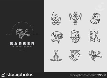 Vector icon and logo for barbershop and beauty saloon . Editable outline stroke size. Line flat contour, thin and linear design. Simple icons. Concept illustration. Sign, symbol, element.. Vector icon and logo for barbershop and beauty saloon