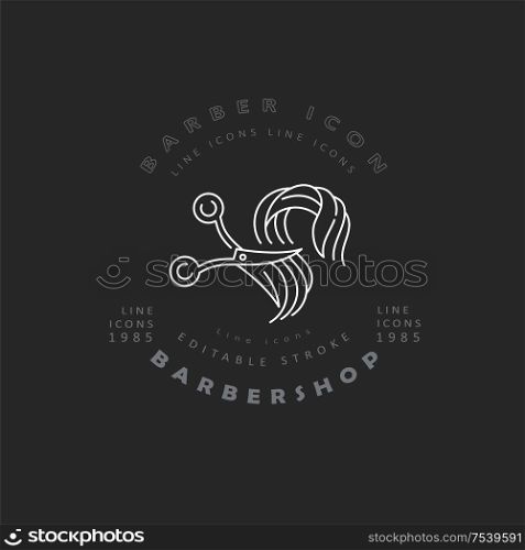 Vector icon and logo for barbershop and beauty saloon . Editable outline stroke size. Line flat contour, thin and linear design. Simple icons. Concept illustration. Sign, symbol, element.. Vector icon and logo for barbershop and beauty saloon