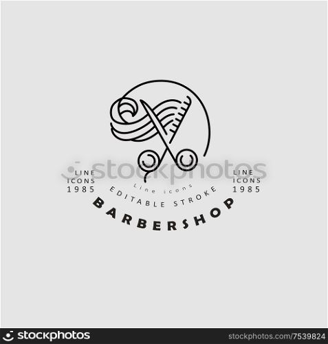 Vector icon and logo for barbershop and beauty saloon . Editable outline stroke size. Line flat contour, thin and linear design. Simple icons. Concept illustration. Sign, symbol, element.. Vector icon and logo for barbershop and beauty saloon
