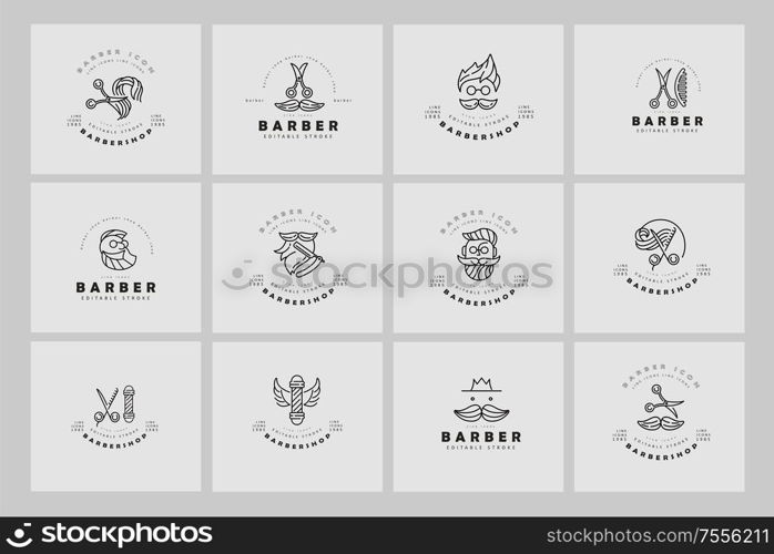 Vector icon and logo for barbershop and beauty saloon . Editable outline stroke size. Line flat contour, thin and linear design. Simple icons. Concept illustration. Sign, symbol, element.. Vector icon and logo for barbershop and beauty saloon . Editable outline stroke size. Line flat contour, thin and linear design. Simple icons. Concept illustration