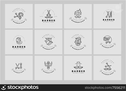 Vector icon and logo for barbershop and beauty saloon . Editable outline stroke size. Line flat contour, thin and linear design. Simple icons. Concept illustration. Sign, symbol, element.. Vector icon and logo for barbershop and beauty saloon . Editable outline stroke size. Line flat contour, thin and linear design. Simple icons. Concept illustration