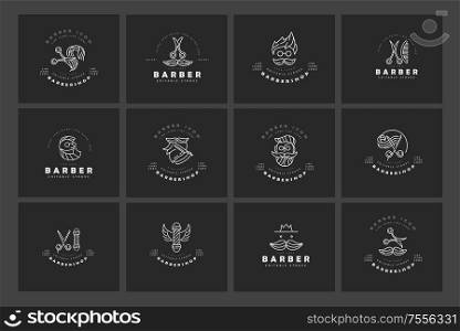 Vector icon and logo for barbershop and beauty saloon . Editable outline stroke size. Line flat contour, thin and linear design. Simple icons. Concept illustration. Sign, symbol, element.. Vector icon and logo for barbershop and beauty saloon . Editable outline stroke size. Line flat contour, thin and linear design. Simple icons. Concept illustration