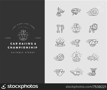 Vector icon and logo for car racing and championship. Editable outline stroke size. Line flat contour, thin and linear design. Simple icons. Concept illustration. Sign, symbol, element.. Vector icon and logo for car racing and championship. Editable outline stroke