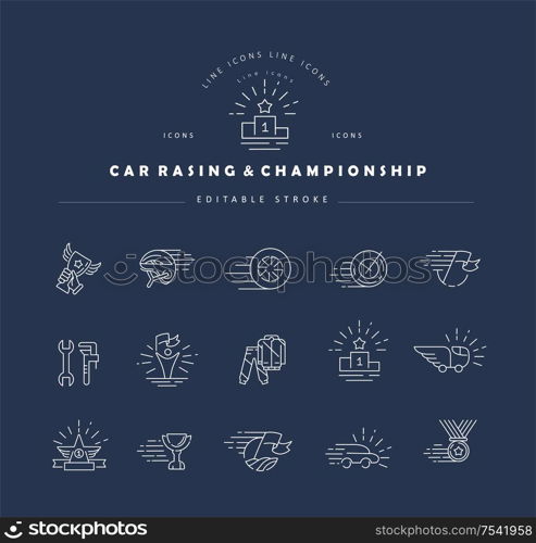 Vector icon and logo for car racing and championship. Editable outline stroke size. Line flat contour, thin and linear design. Simple icons. Concept illustration. Sign, symbol, element.. Vector icon and logo for car racing and championship. Editable outline stroke