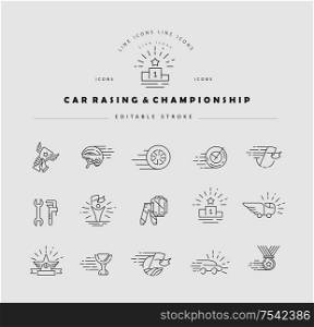 Vector icon and logo for car racing and championship. Editable outline stroke size. Line flat contour, thin and linear design. Simple icons. Concept illustration. Sign, symbol, element.. Vector icon and logo for car racing and championship. Editable outline stroke