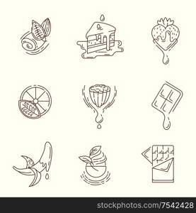 Vector icon and logo for chocolate and sweet. Editable outline stroke size. Line flat contour, thin and linear design. Simple icons. Concept illustration. Sign, symbol, element.. Vector icon and logo for chocolate and sweet