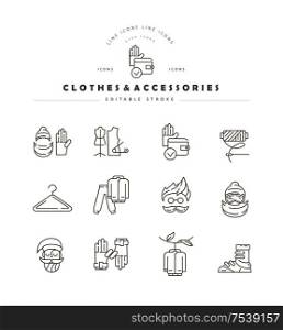 Vector icon and logo for clothes and accessories. Editable outline stroke size. Line flat contour, thin and linear design. Simple icons. Concept illustration. Sign, symbol, element.. Vector icon and logo for clothes and accessories. Editable outline stroke