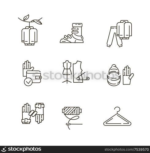 Vector icon and logo for clothes and accessories. Editable outline stroke size. Line flat contour, thin and linear design. Simple icons. Concept illustration. Sign, symbol, element.. Vector icon and logo for clothes and accessories. Editable outline stroke