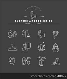 Vector icon and logo for clothes and accessories. Editable outline stroke size. Line flat contour, thin and linear design. Simple icons. Concept illustration. Sign, symbol, element.. Vector icon and logo for clothes and accessories. Editable outline stroke