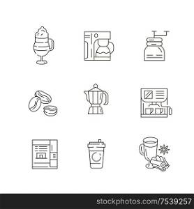 Vector icon and logo for coffee making equipment. Editable outline stroke size. Line flat contour, thin and linear design. Simple icons. Concept illustration. Sign, symbol, element.. Vector icon and logo for coffee making equipment