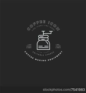 Vector icon and logo for coffee making equipment. Editable outline stroke size. Line flat contour, thin and linear design. Simple icons. Concept illustration. Sign, symbol, element.. Vector icon and logo for coffee making equipment